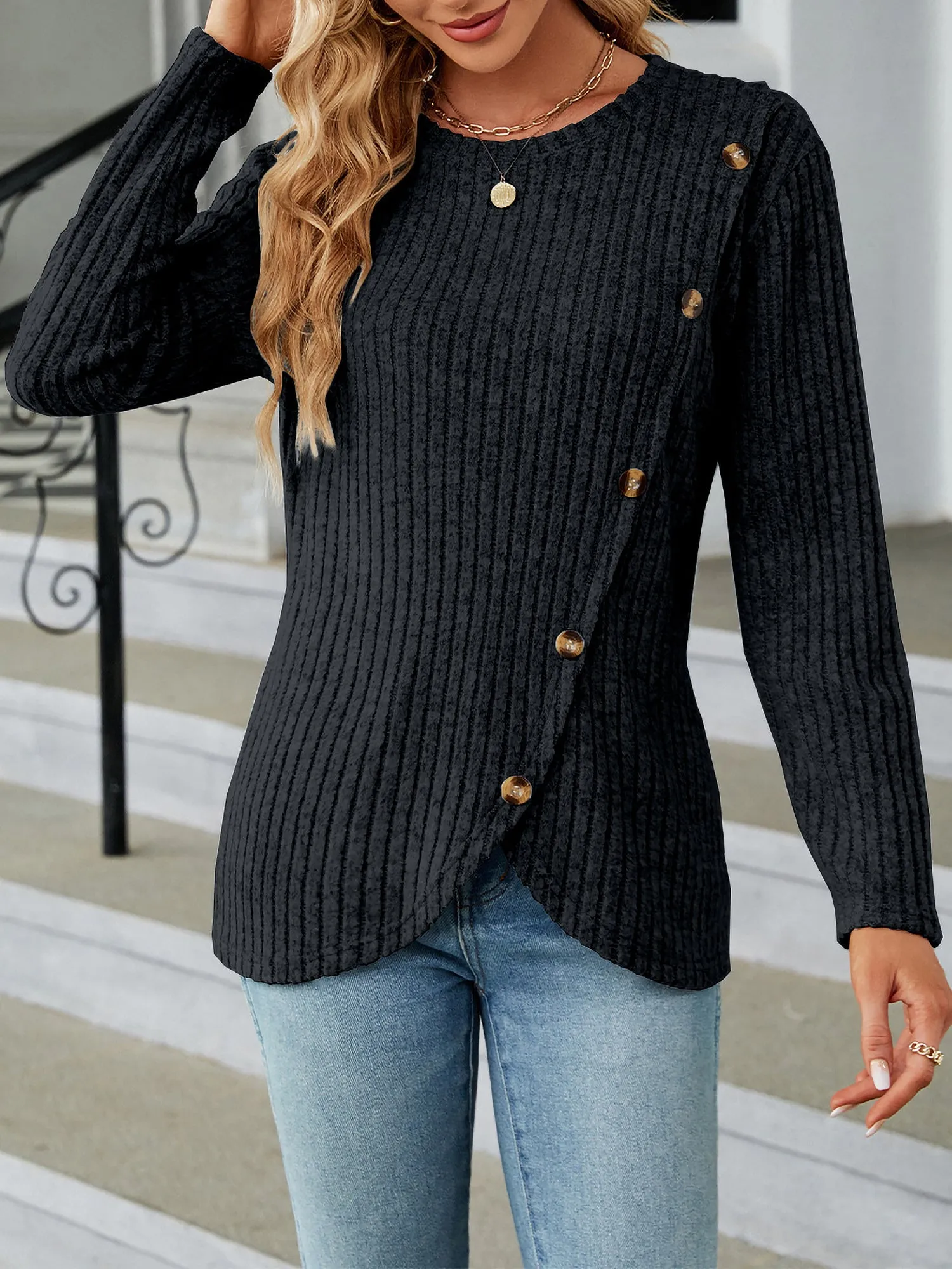 Solid Color Long Sleeves Round Neck Button Decor Blouse sold by Allegra K product image thumbnail 5