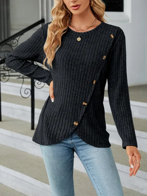 Solid Color Long Sleeves Round Neck Button Decor Blouse sold by Allegra K