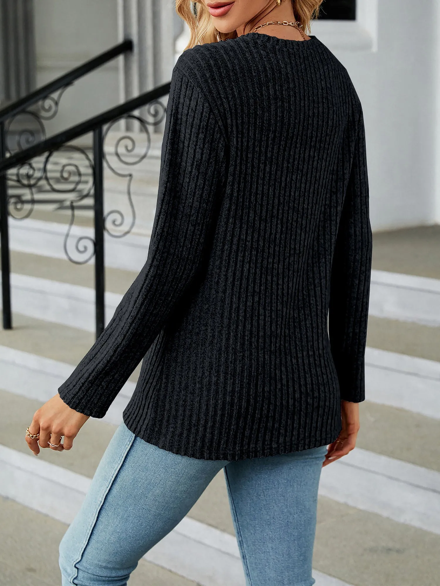 Solid Color Long Sleeves Round Neck Button Decor Blouse sold by Allegra K product image thumbnail 2