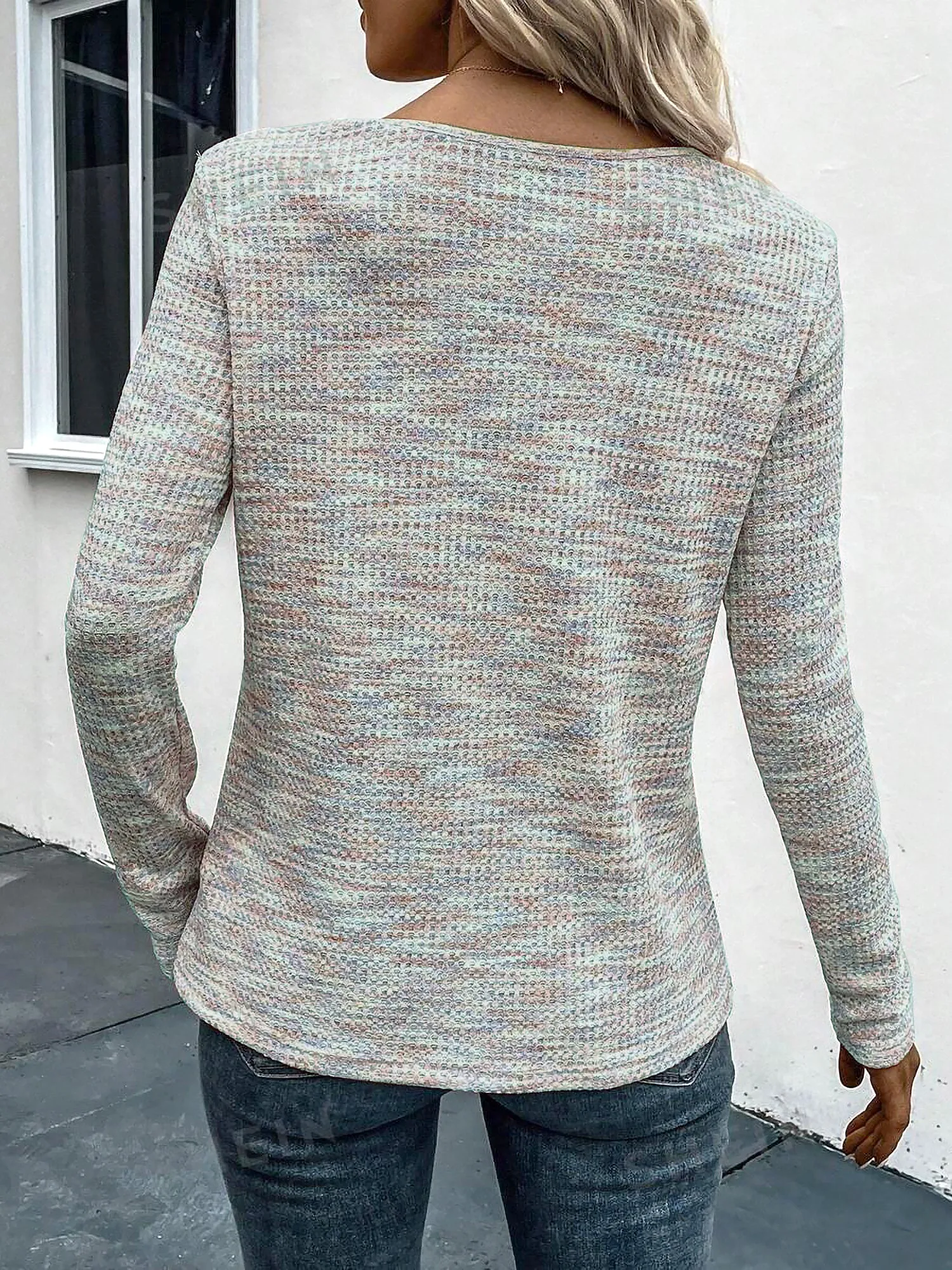 V Neck Button Decor Long Sleeves Textured Blouse sold by Allegra K product image thumbnail 2