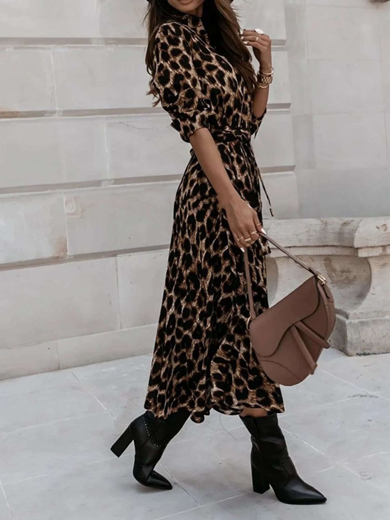 Long Sleeves Leopard Belted Lace-Up Midi Shirt Dress sold by Allegra K product image thumbnail 4