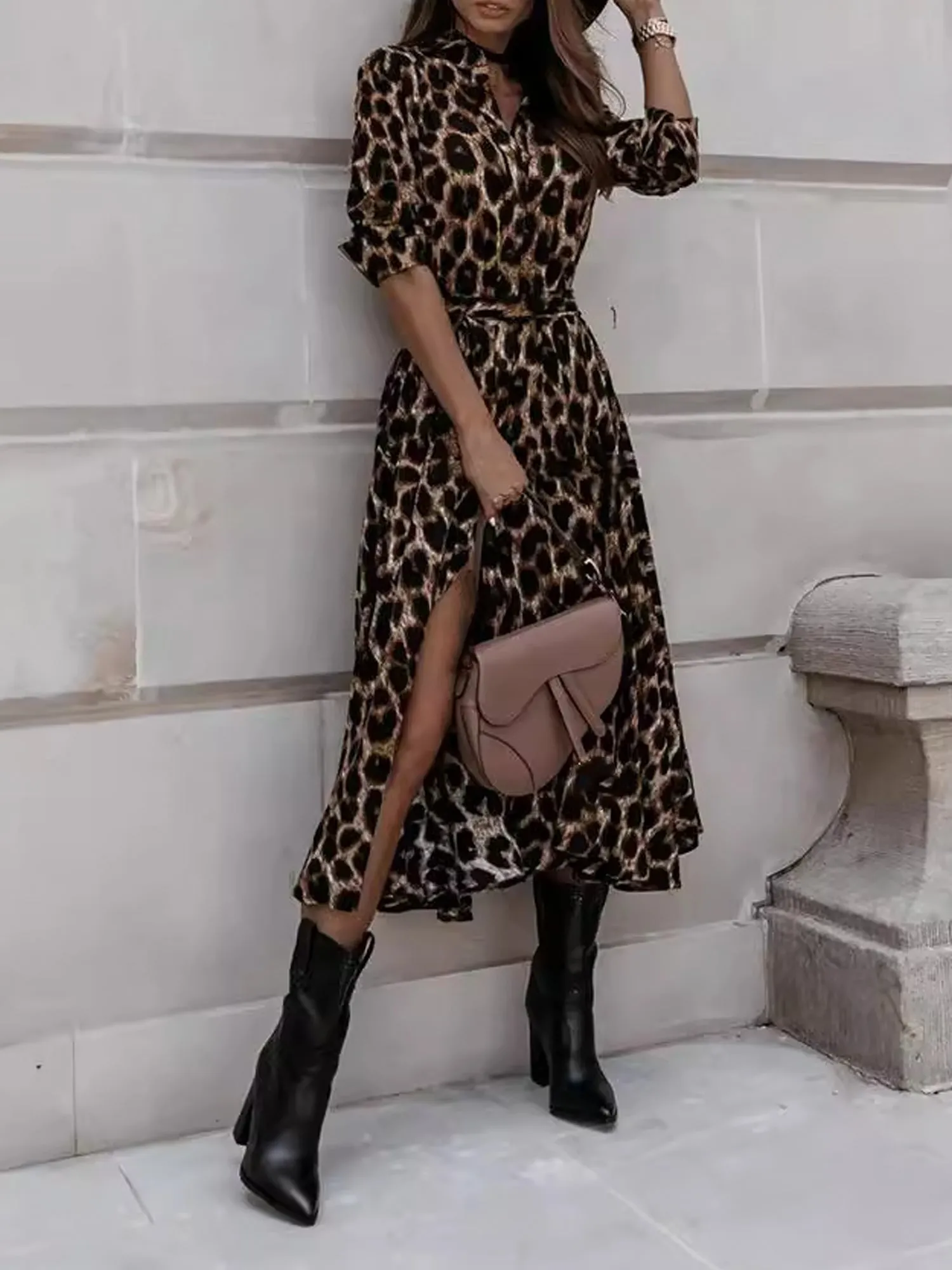 Long Sleeves Leopard Belted Lace-Up Midi Shirt Dress sold by Allegra K product image thumbnail 2