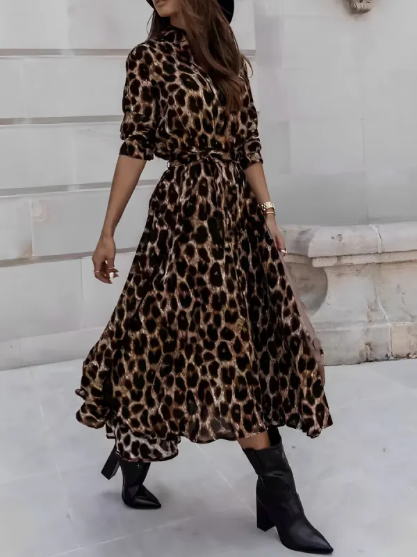 Long Sleeves Leopard Belted Lace-Up Midi Shirt Dress sold by Allegra K