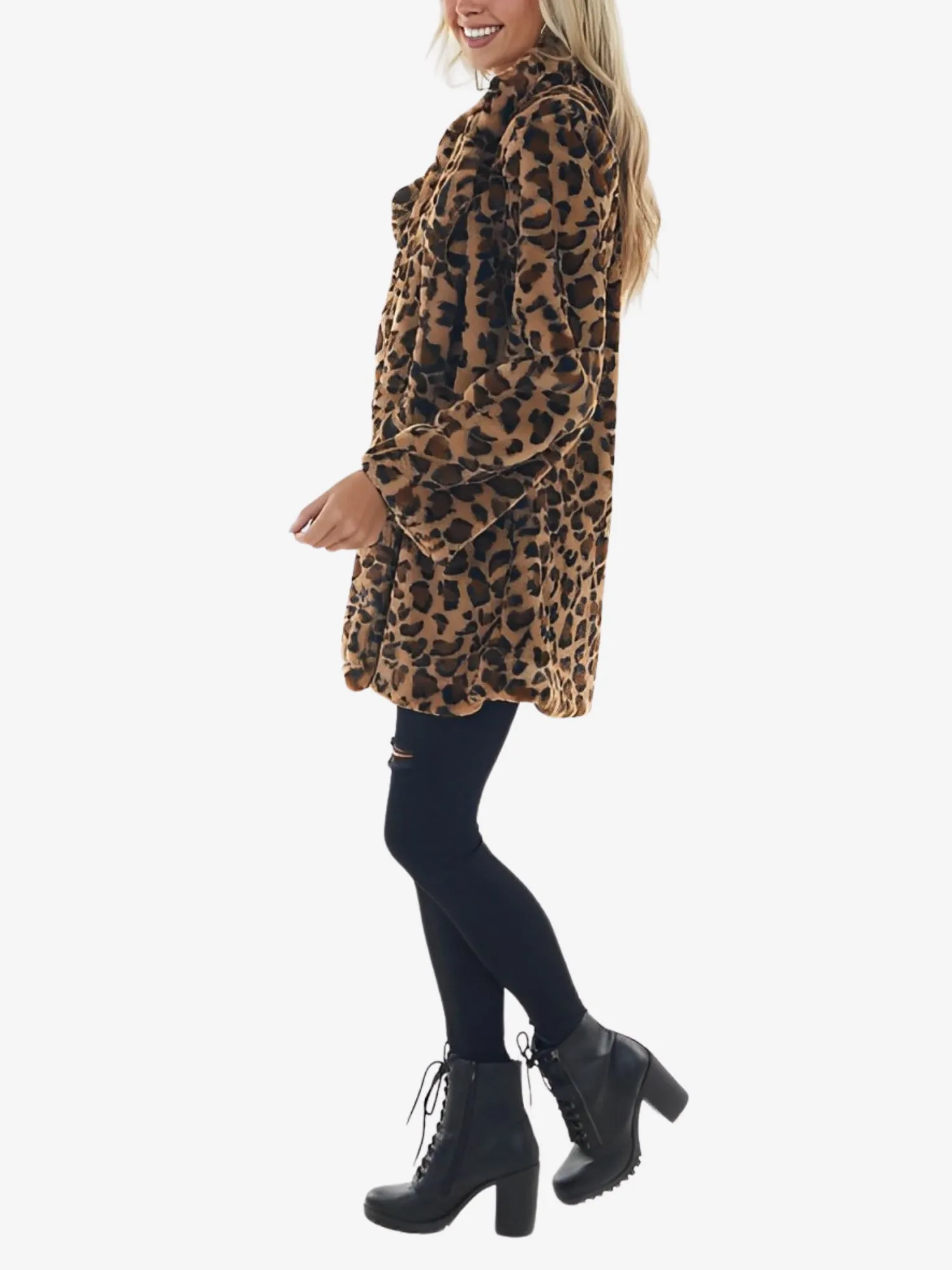 Long Sleeves Leopard Pocketed Loose Faux Fur Coat sold by Allegra K product image thumbnail 3