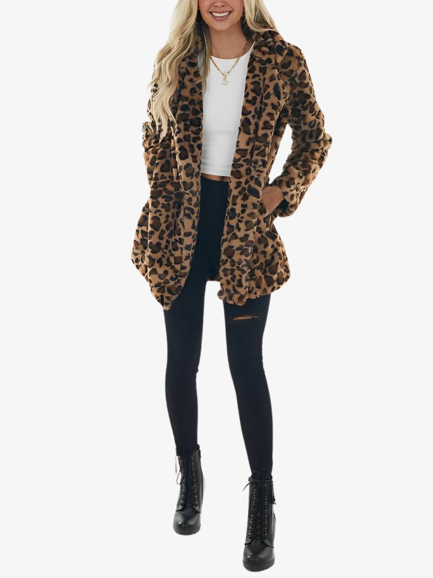 Long Sleeves Leopard Pocketed Loose Faux Fur Coat sold by Allegra K product image thumbnail 2