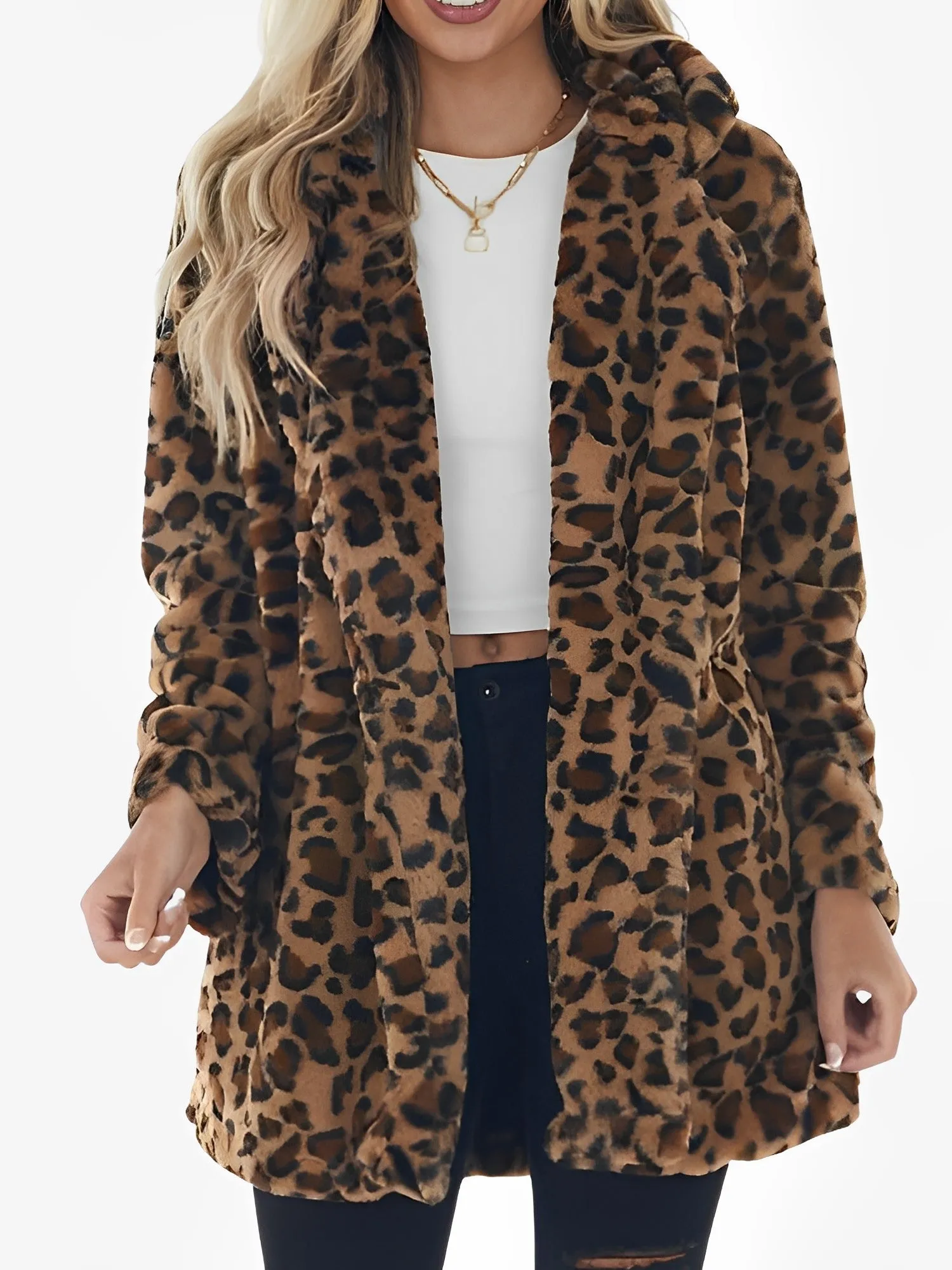 Long Sleeves Leopard Pocketed Loose Faux Fur Coat sold by Allegra K