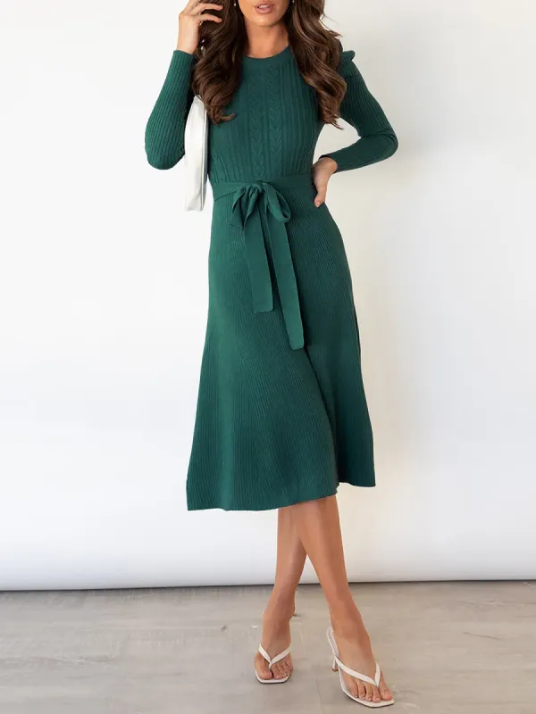Puff Long Sleeves Knitted Lace-Up Midi Sweater Dress sold by Allegra K