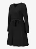 V Neck Pleated Knitted Long Sleeves Mini Sweater Dress sold by Allegra K