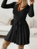 V Neck Pleated Knitted Long Sleeves Mini Sweater Dress sold by Allegra K