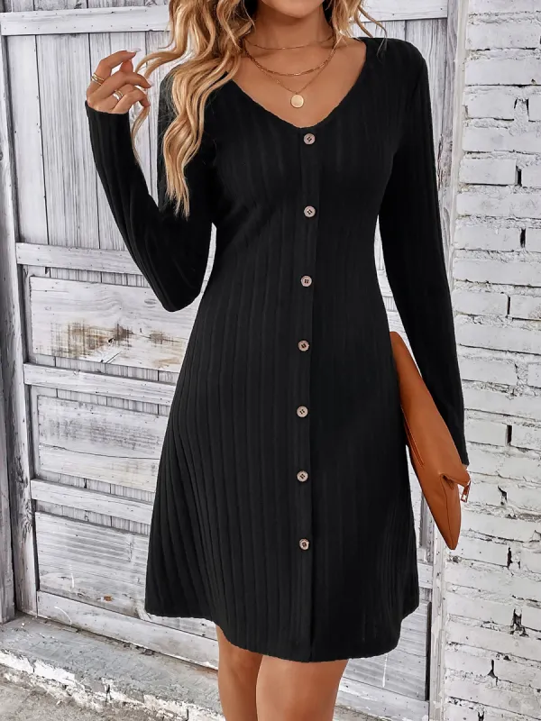 V Neck Solid Color Button Long Sleeves A-Line Mini Sweater Dress sold by Allegra K
