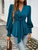 Satin Smocked Long Sleeves Lace-Up Peplum Blouse sold by Allegra K