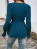 Satin Smocked Long Sleeves Lace-Up Peplum Blouse sold by Allegra K