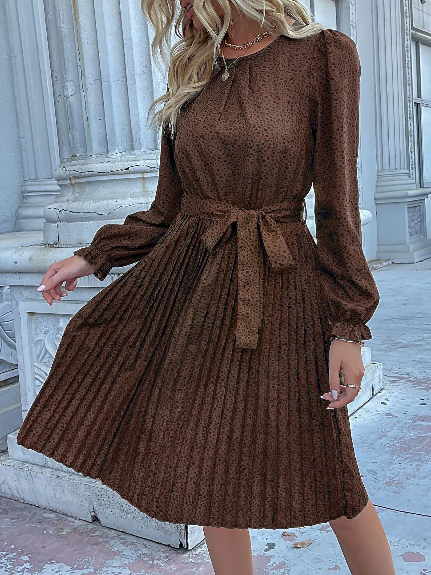 Round Neck Long Sleeve Lace-Up Leopard Pleated Midi Dress sold by Allegra K