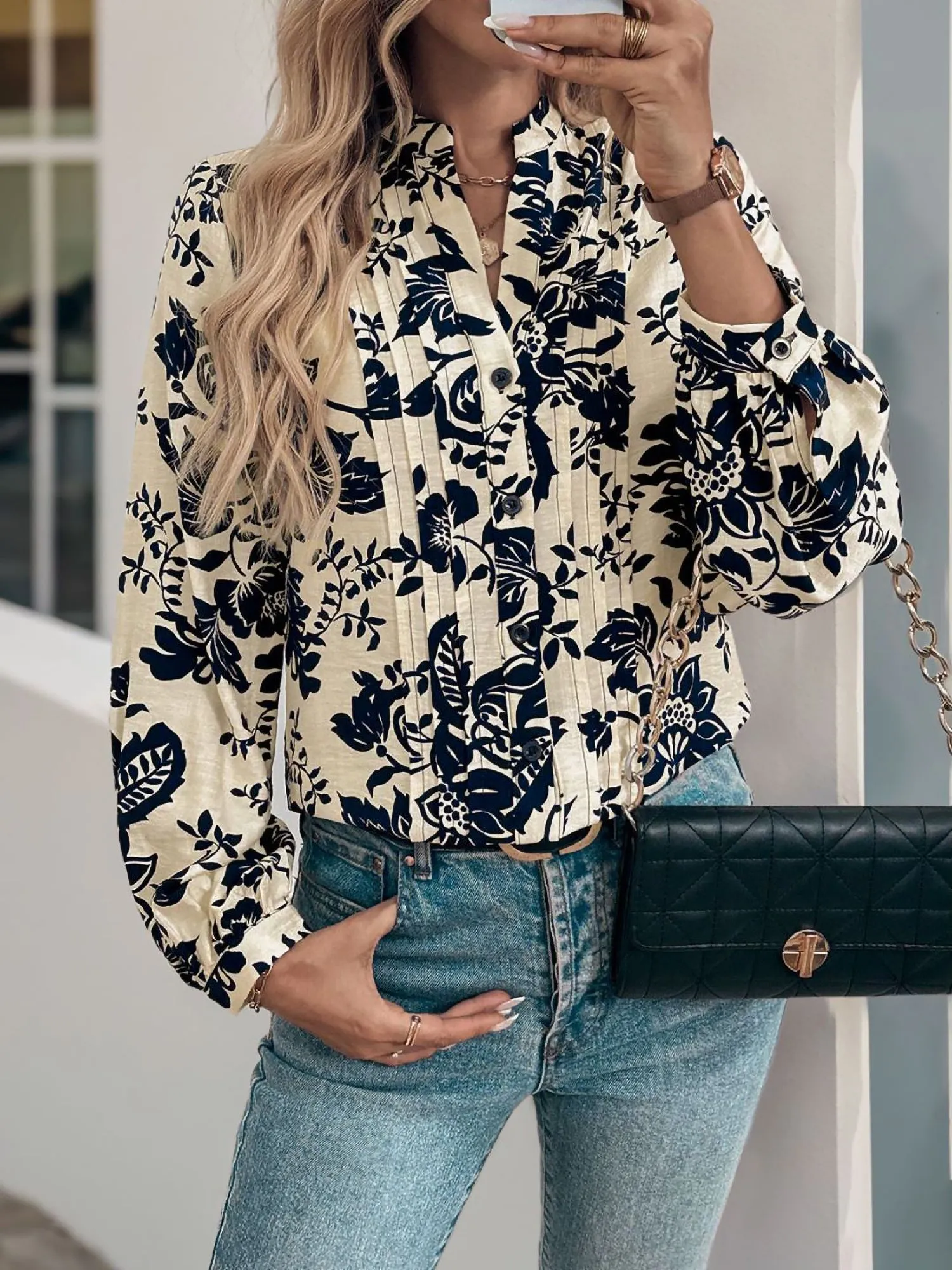 Pleated Floral Long Sleeves Button Down Blouse sold by Allegra K product image thumbnail 3