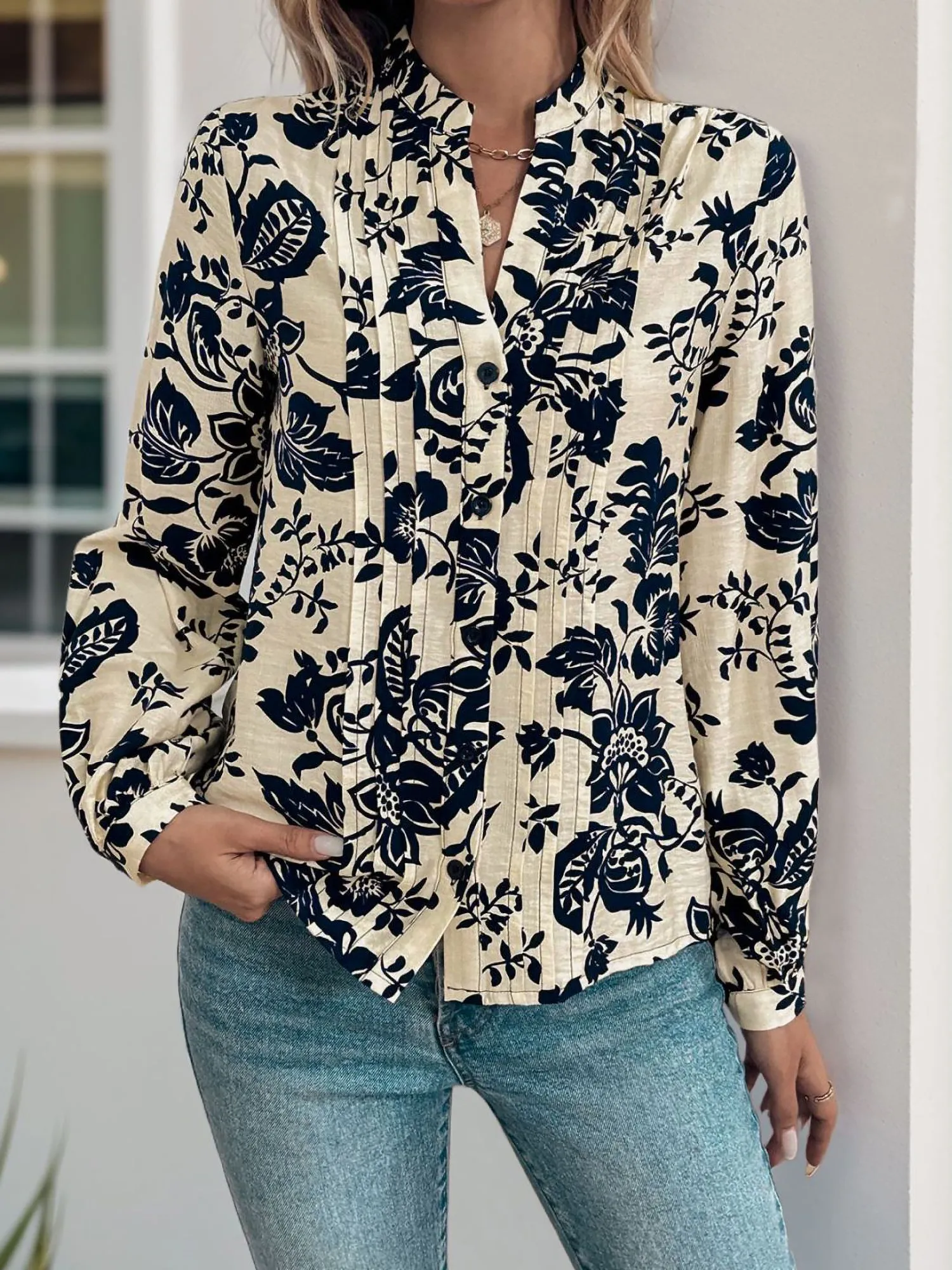Pleated Floral Long Sleeves Button Down Blouse sold by Allegra K