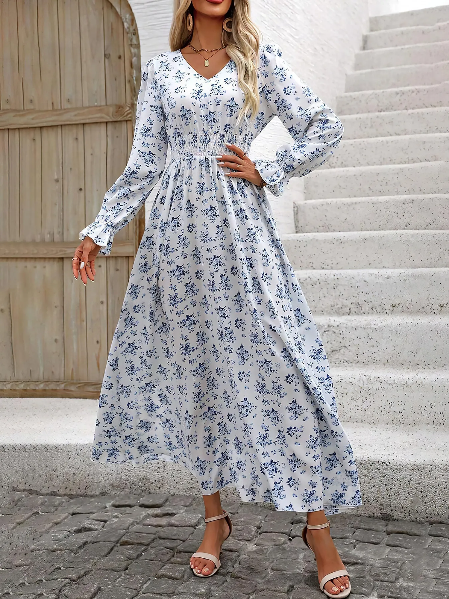 Boho-Chic Floral V Neck Long Sleeve Smocked Waist Swing Maxi Casual Dress sold by Allegra K