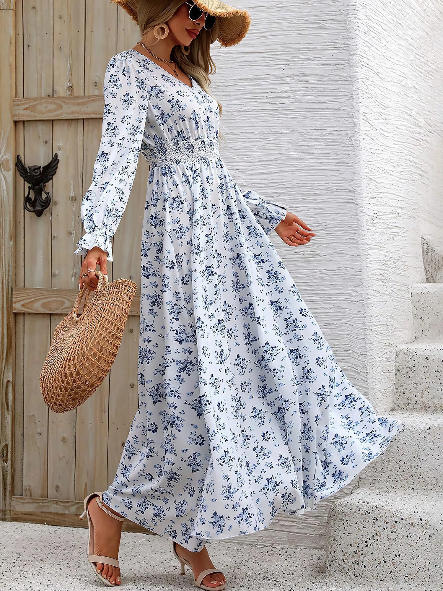 Boho-Chic Floral V Neck Long Sleeve Smocked Waist Swing Maxi Casual Dress sold by Allegra K product image thumbnail 5