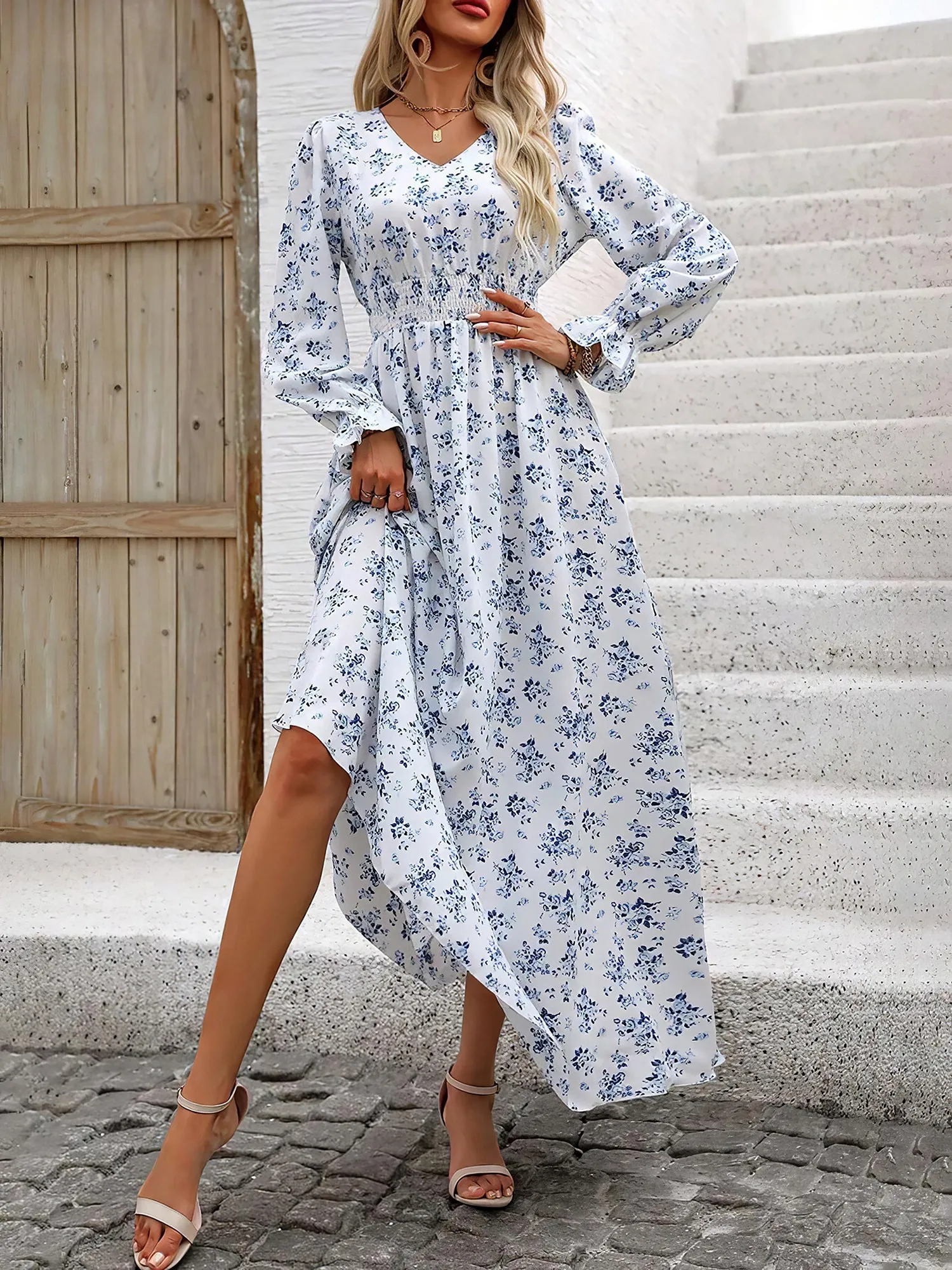 Boho-Chic Floral V Neck Long Sleeve Smocked Waist Swing Maxi Casual Dress sold by Allegra K product image thumbnail 2