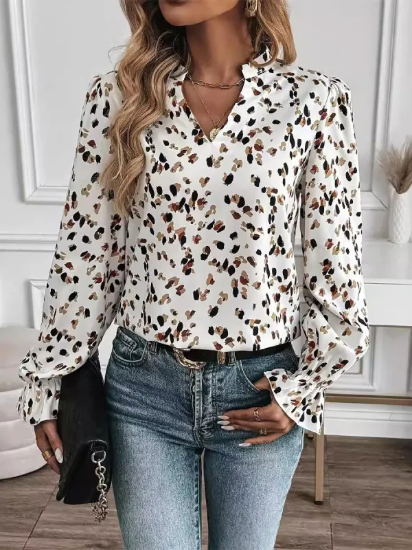 Printed Notch Neck Puff Long Sleeve Casual Blouse sold by Allegra K