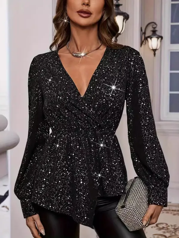 Glitter V Neck Long Sleeve Asymmetric Peplum Blouse sold by Allegra K