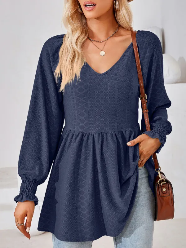 Solid Color V Neck Textured Smocked Sleeves Peplum Blouse sold by Allegra K