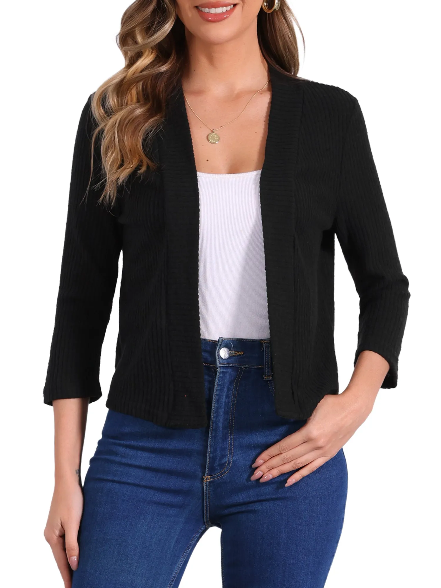 Open Front 3/4 Sleeves Knit Casual Cropped Cardigan sold by Allegra K product image thumbnail 5