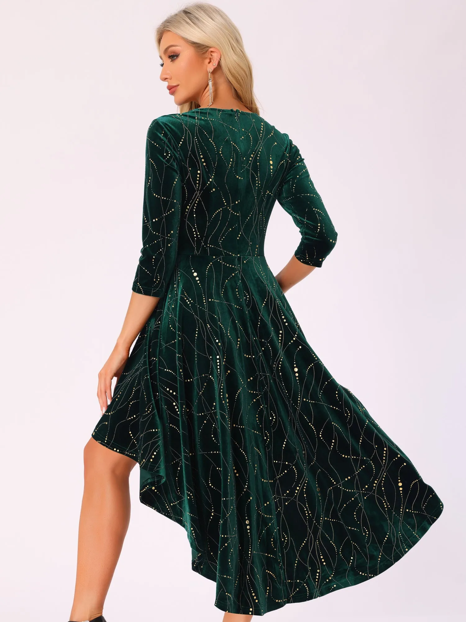 Velvet 3/4 Sleeves Round Neck Hi-Lo Midi Dress sold by Allegra K product image thumbnail 2