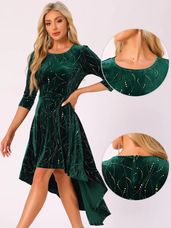 Velvet 3/4 Sleeves Round Neck Hi-Lo Midi Dress made by Allegra K