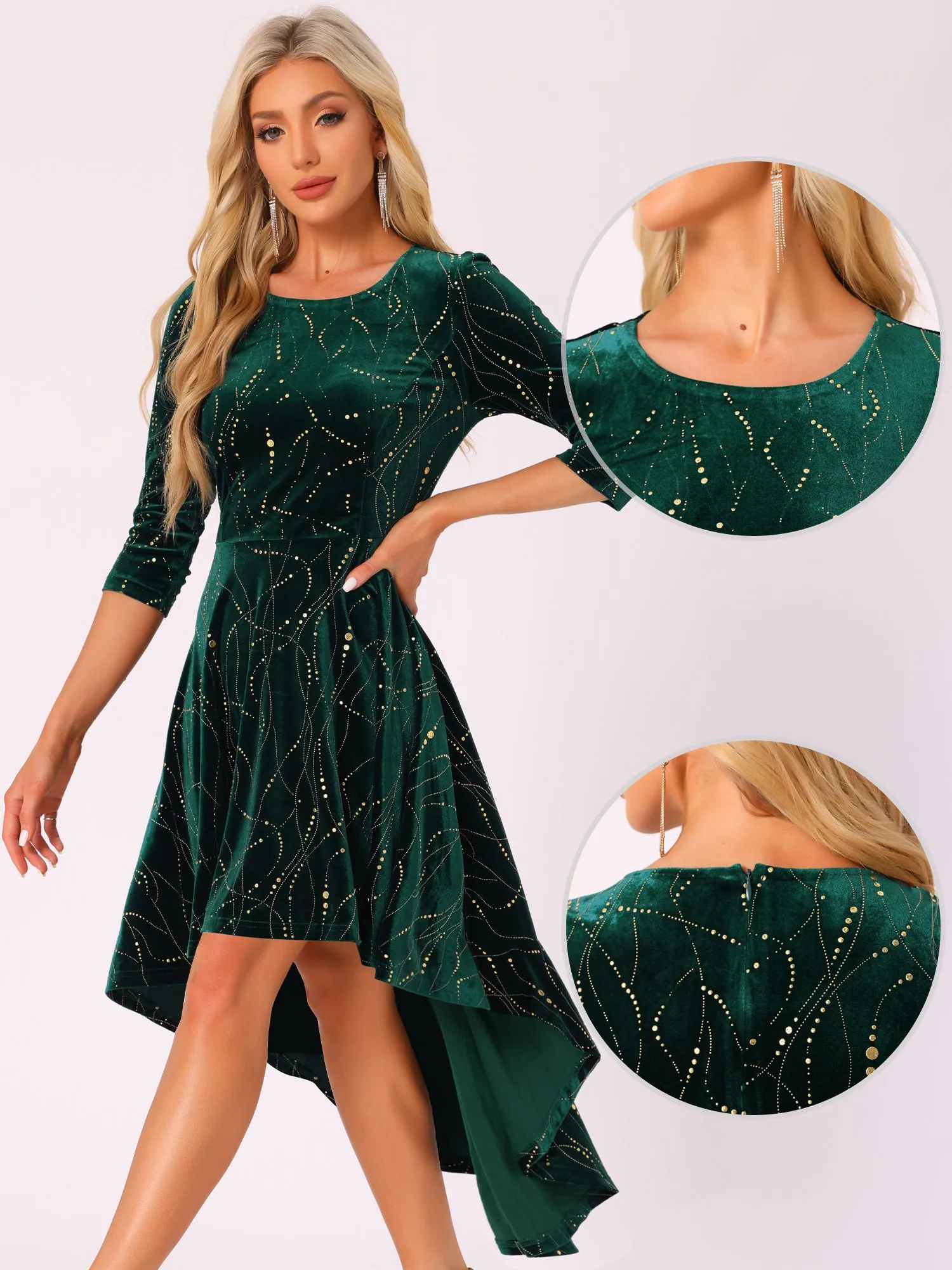 Velvet 3/4 Sleeves Round Neck Hi-Lo Midi Dress sold by Allegra K