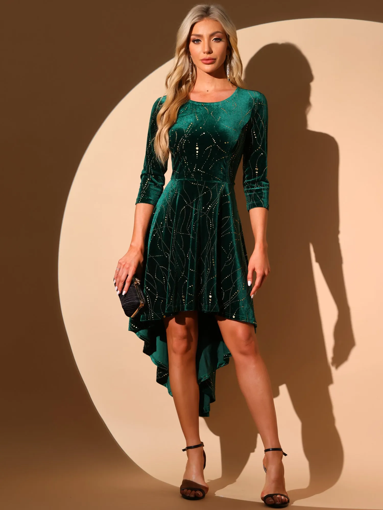 Velvet 3/4 Sleeves Round Neck Hi-Lo Midi Dress sold by Allegra K product image thumbnail 3