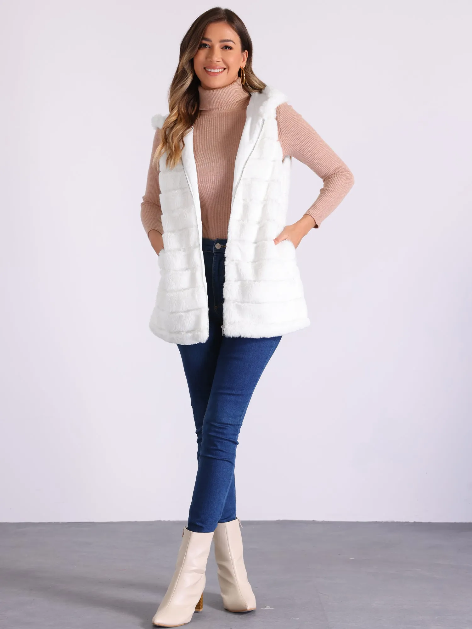 Faux Fur Sleeveless Zip Up Hooded Casual Vest sold by Allegra K product image thumbnail 2
