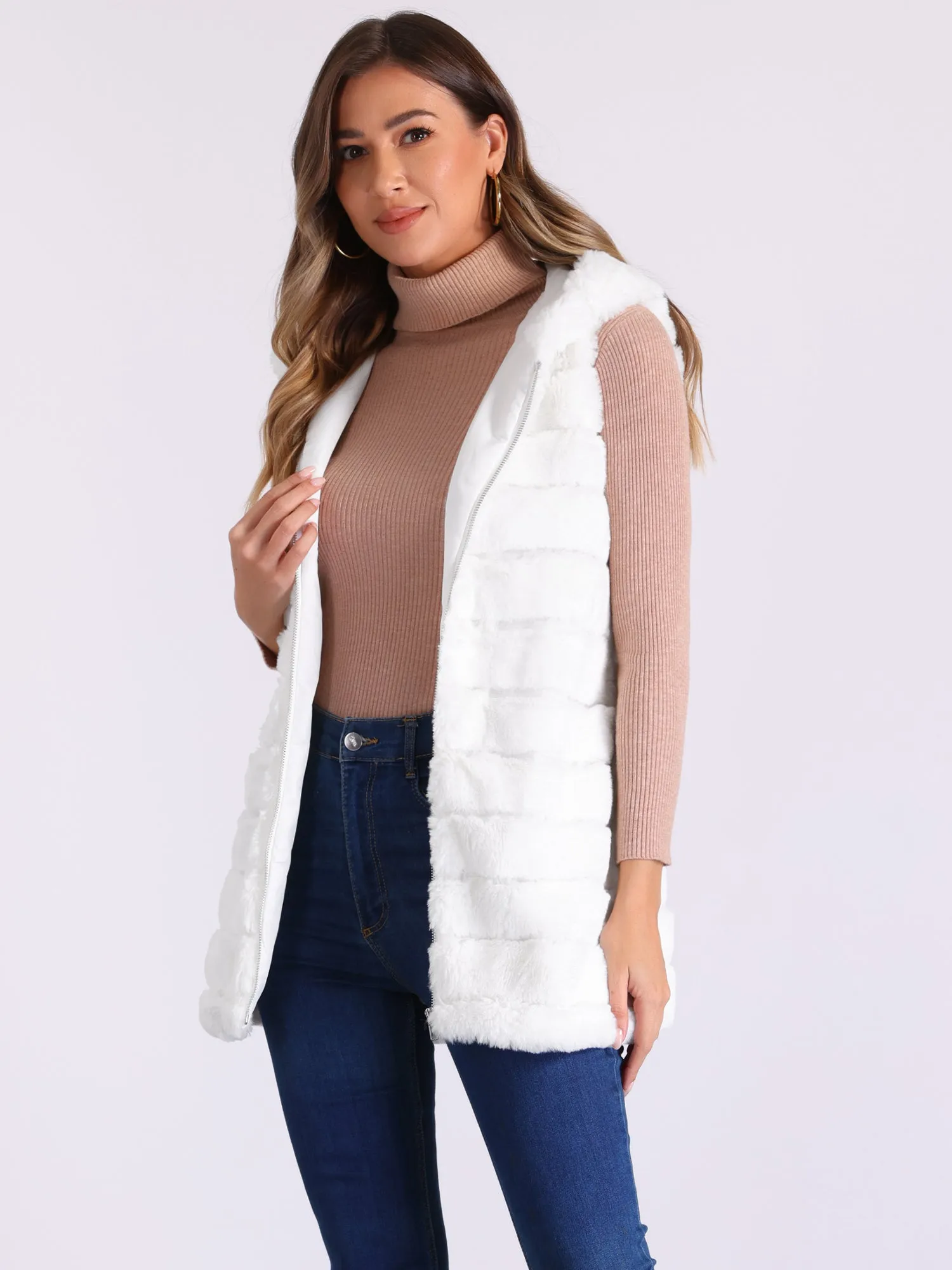 Faux Fur Sleeveless Zip Up Hooded Casual Vest sold by Allegra K