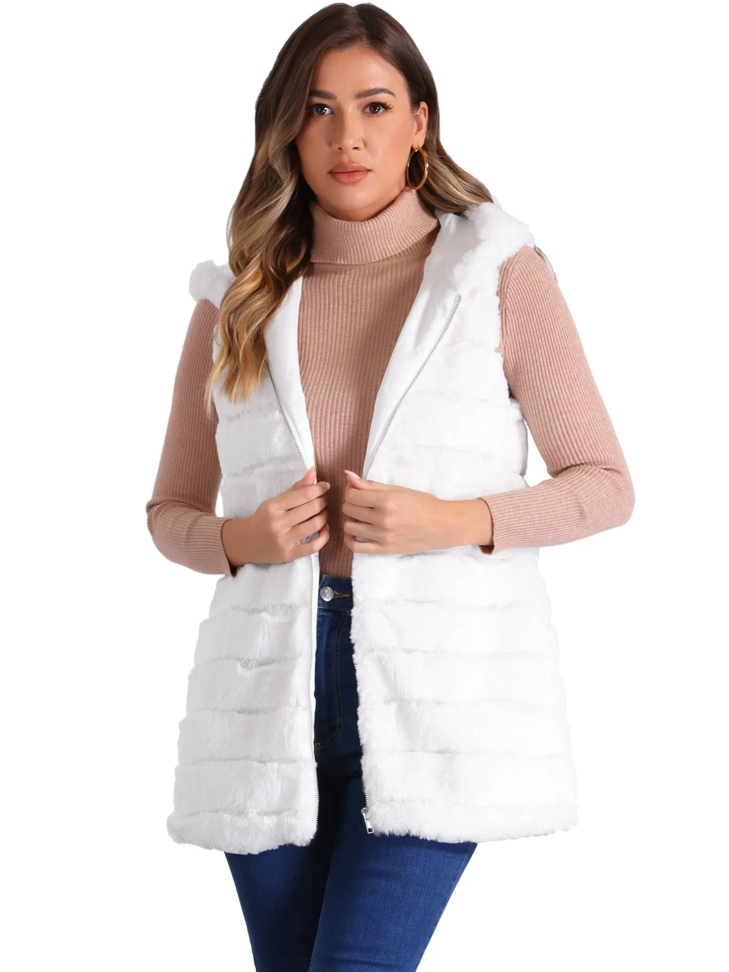 Faux Fur Sleeveless Zip Up Hooded Casual Vest sold by Allegra K product image thumbnail 4