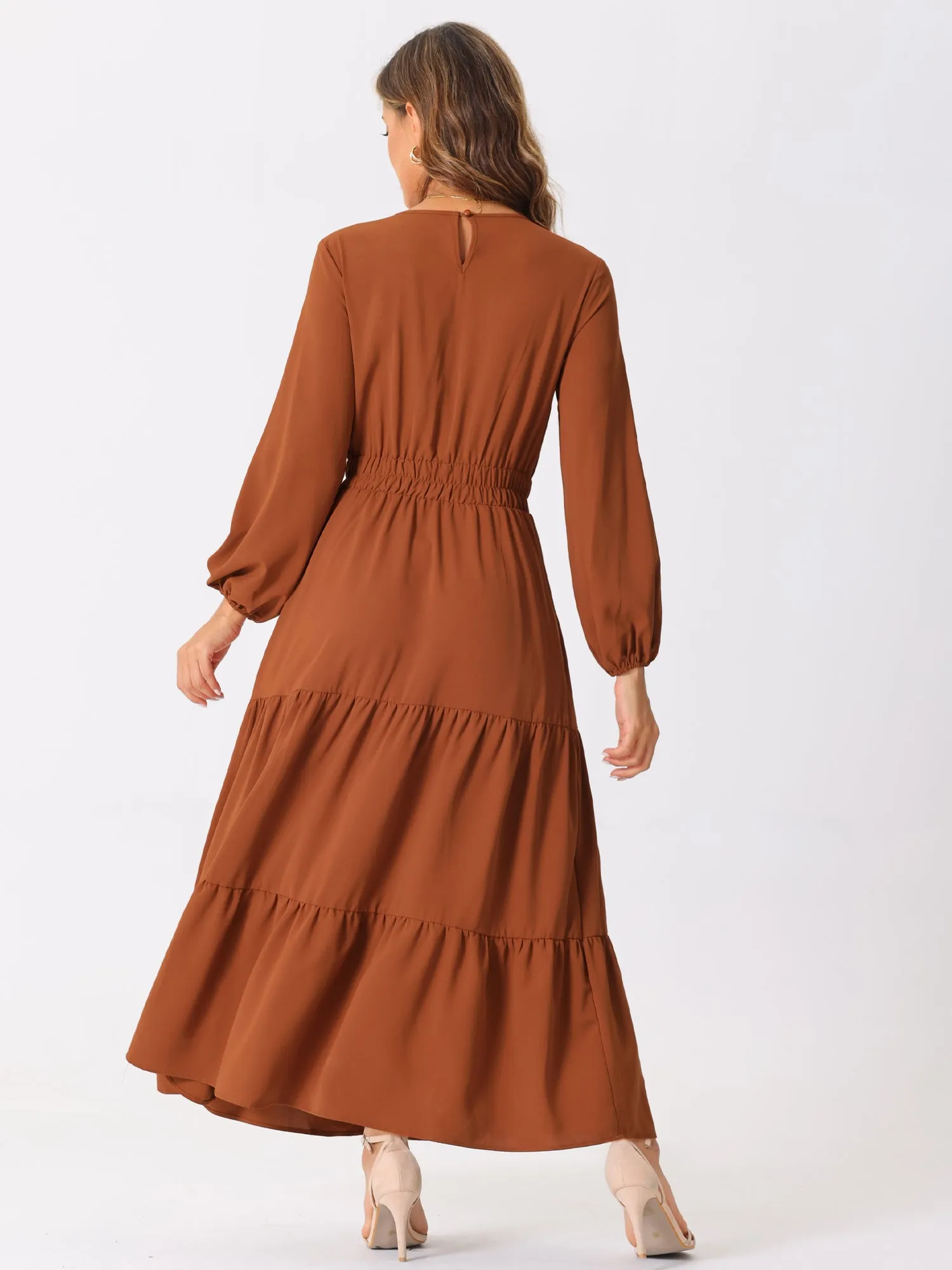 Long Sleeve Crew Neck Pocketed Tiered Maxi Dress sold by Allegra K product image thumbnail 3