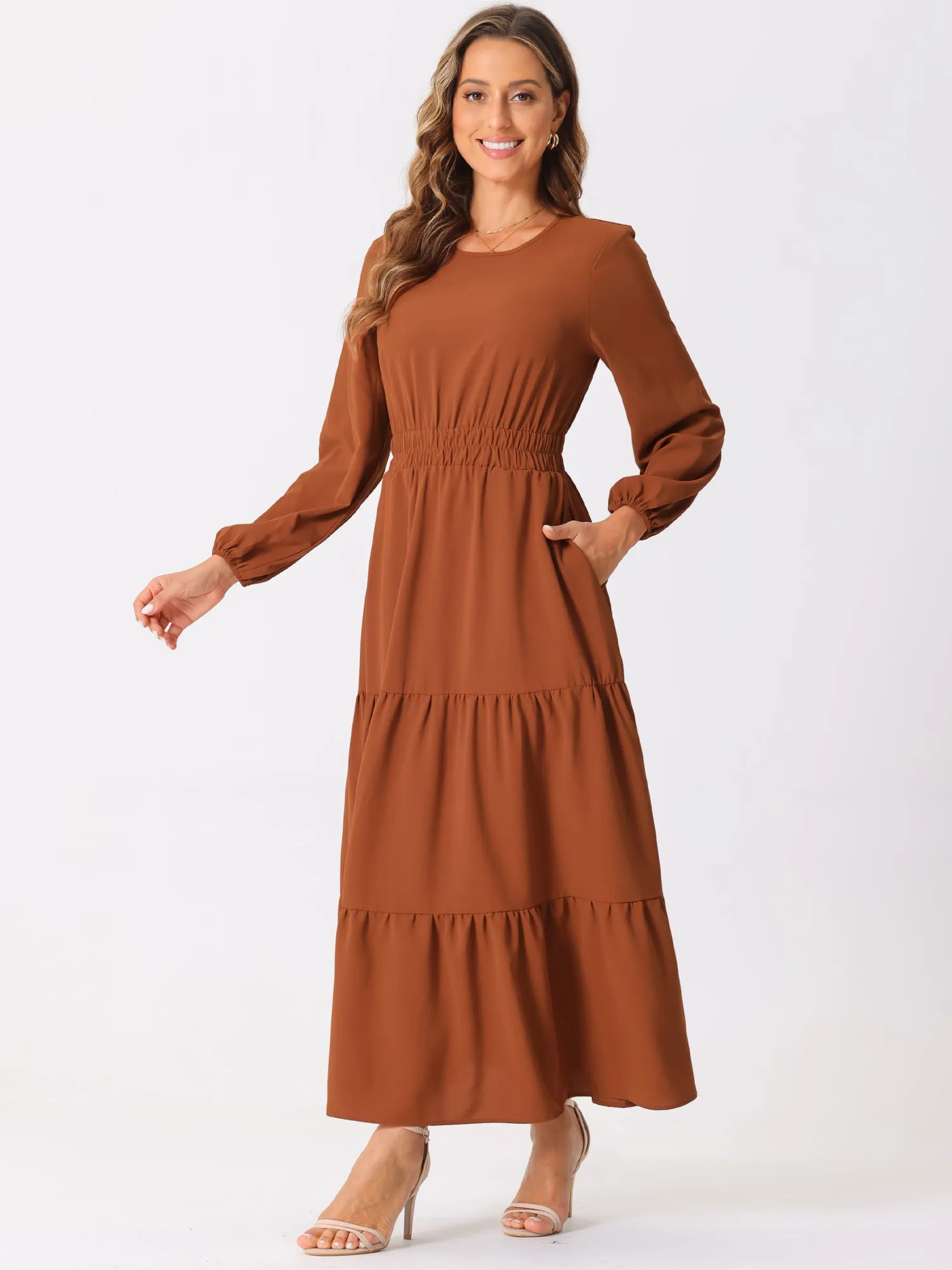 Long Sleeve Crew Neck Pocketed Tiered Maxi Dress sold by Allegra K product image thumbnail 2