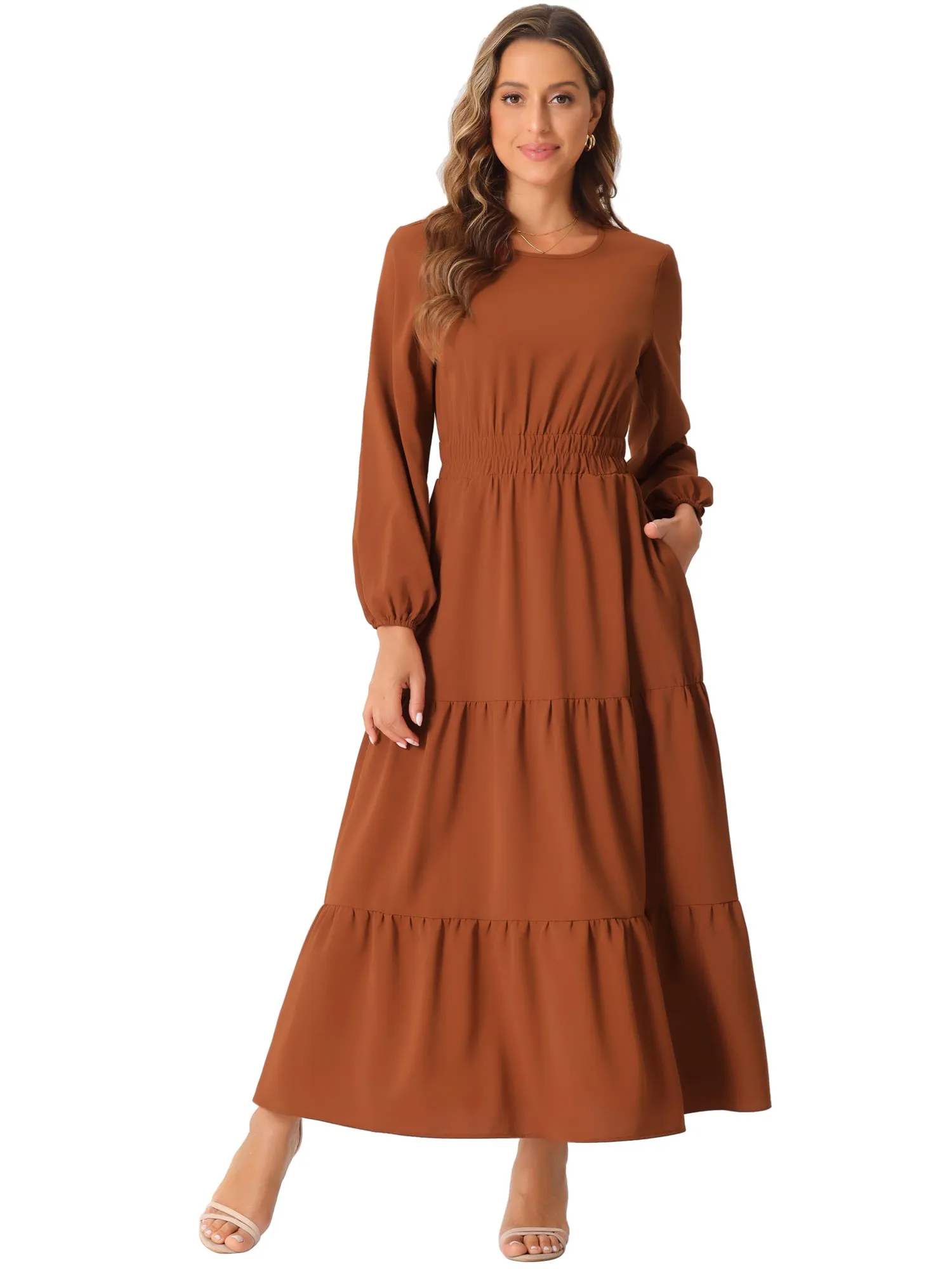 Long Sleeve Crew Neck Pocketed Tiered Maxi Dress sold by Allegra K product image thumbnail 4