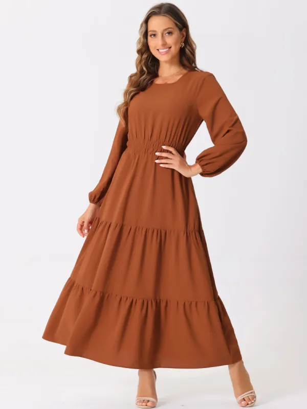 Long Sleeve Crew Neck Pocketed Tiered Maxi Dress sold by Allegra K
