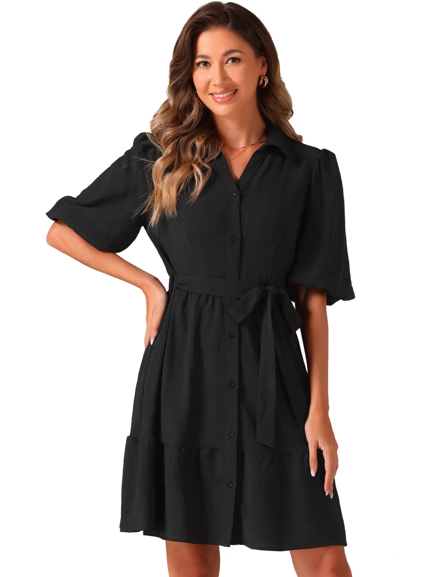 Belted Puff Short Sleeve Midi A-Line Shirt Dress sold by Allegra K product image thumbnail 5