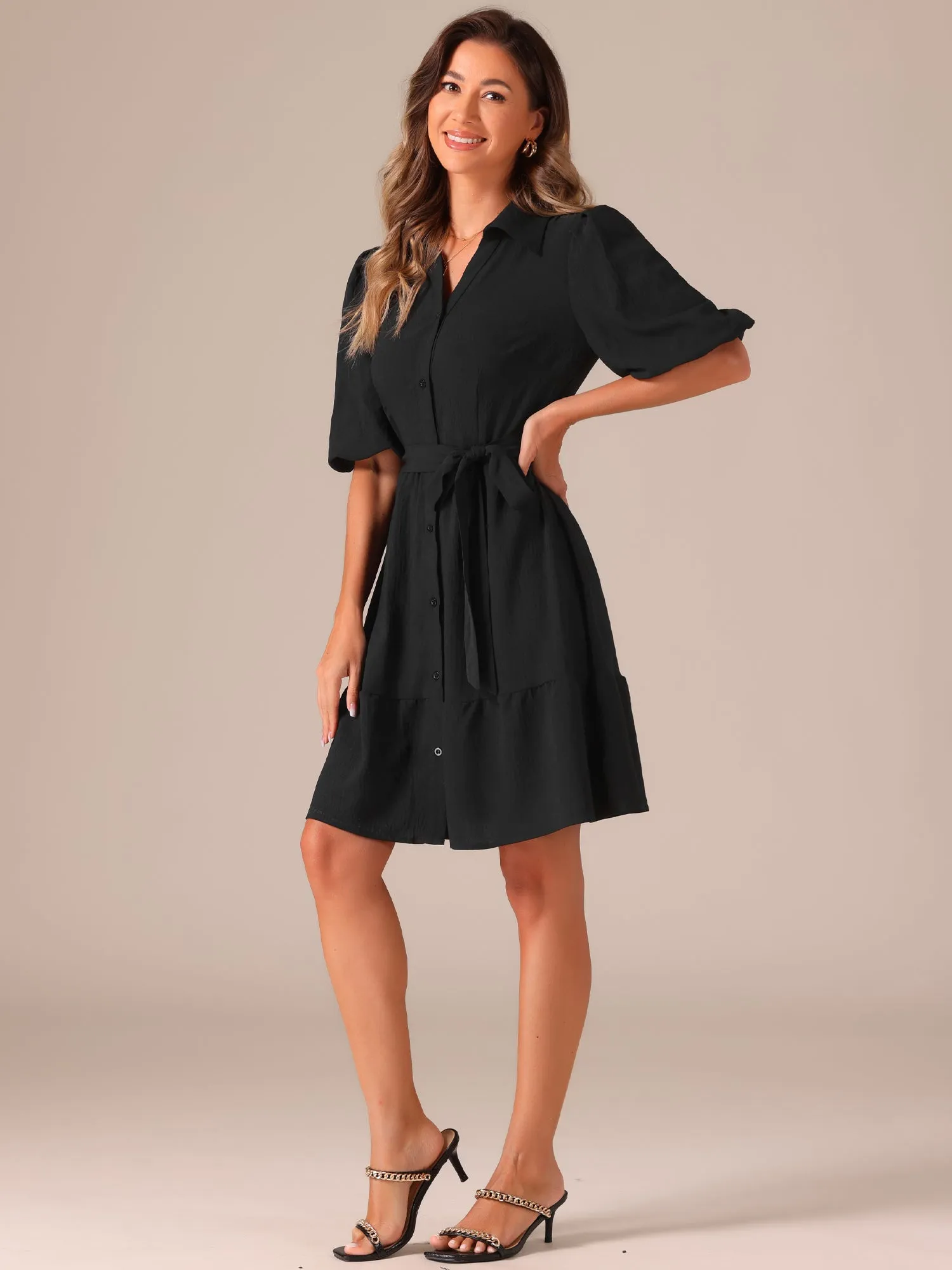 Belted Puff Short Sleeve Midi A-Line Shirt Dress sold by Allegra K product image thumbnail 2