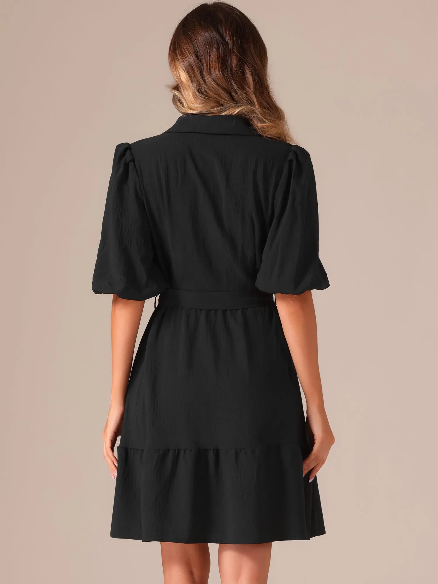 Belted Puff Short Sleeve Midi A-Line Shirt Dress sold by Allegra K product image thumbnail 3