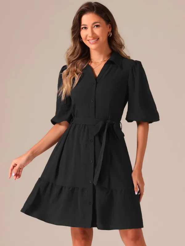 Belted Puff Short Sleeve Midi A-Line Shirt Dress sold by Allegra K