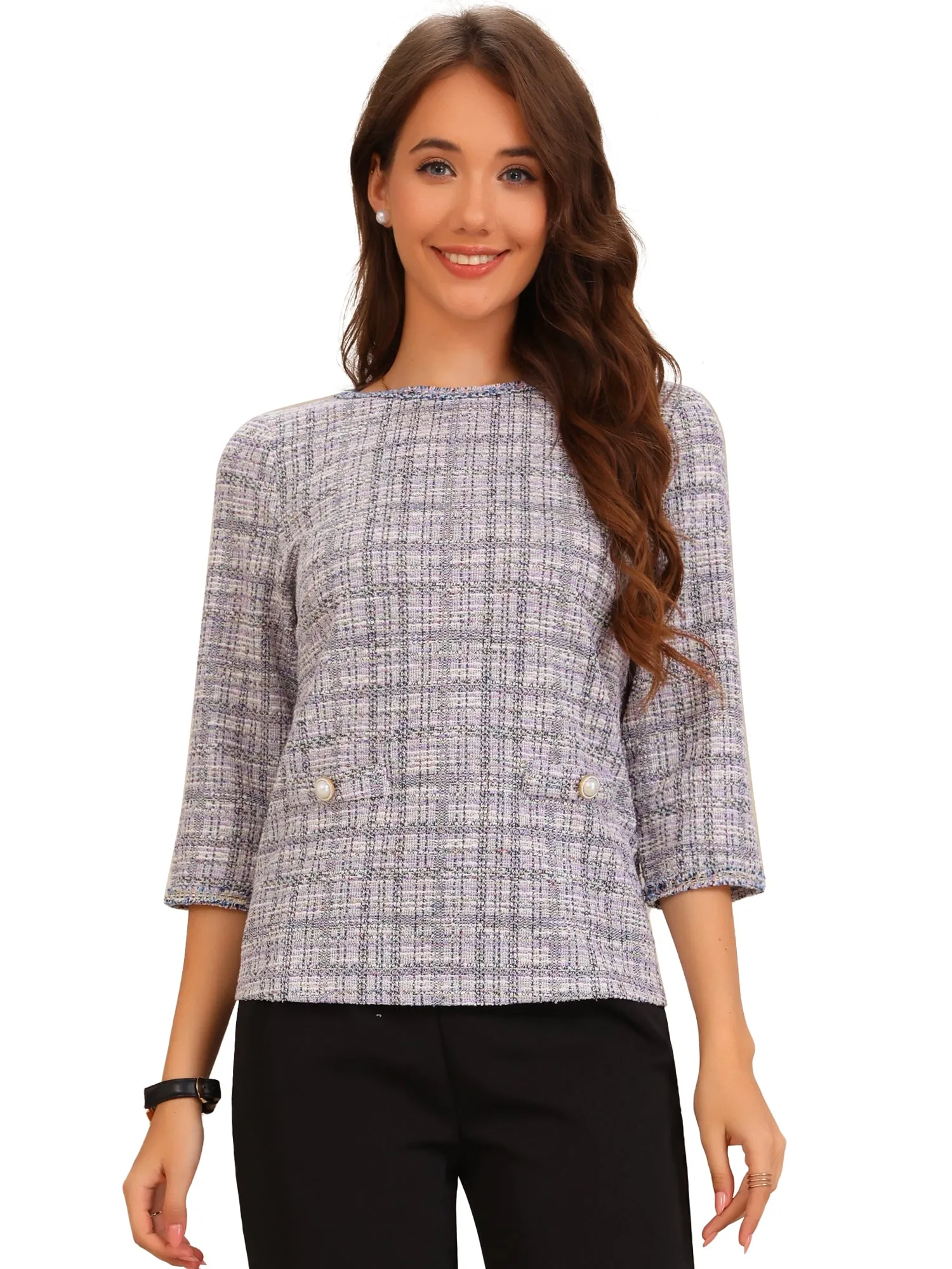 Tweed Plaid 3/4 Sleeves Button Decor Blouse sold by Allegra K product image thumbnail 5