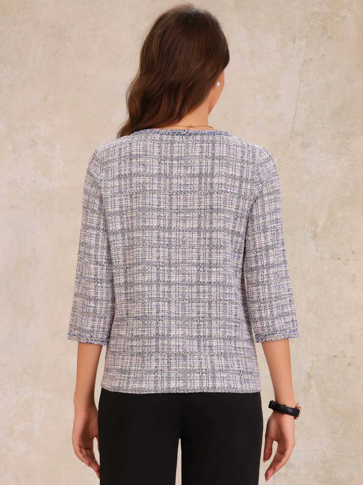 Tweed Plaid 3/4 Sleeves Button Decor Blouse sold by Allegra K product image thumbnail 3