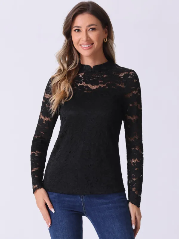 Sheer Lace Long Sleeve Mock Neck Casual Blouse made by Allegra K