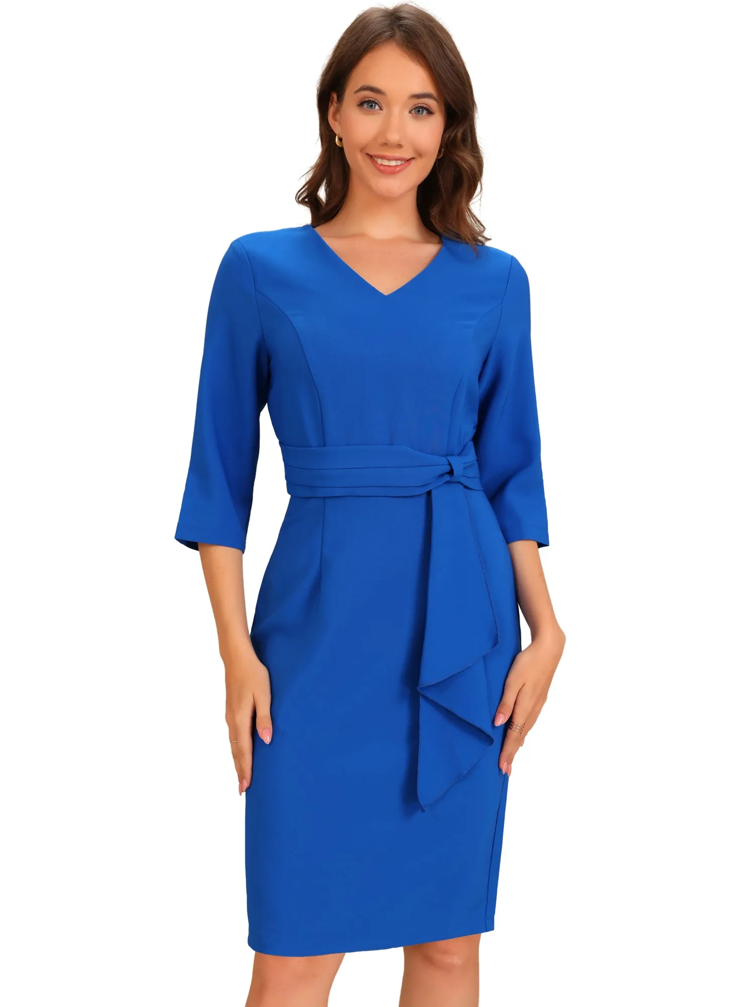 3/4 Sleeves V Neck Solid Color Midi Sheath Dress sold by Allegra K product image thumbnail 5