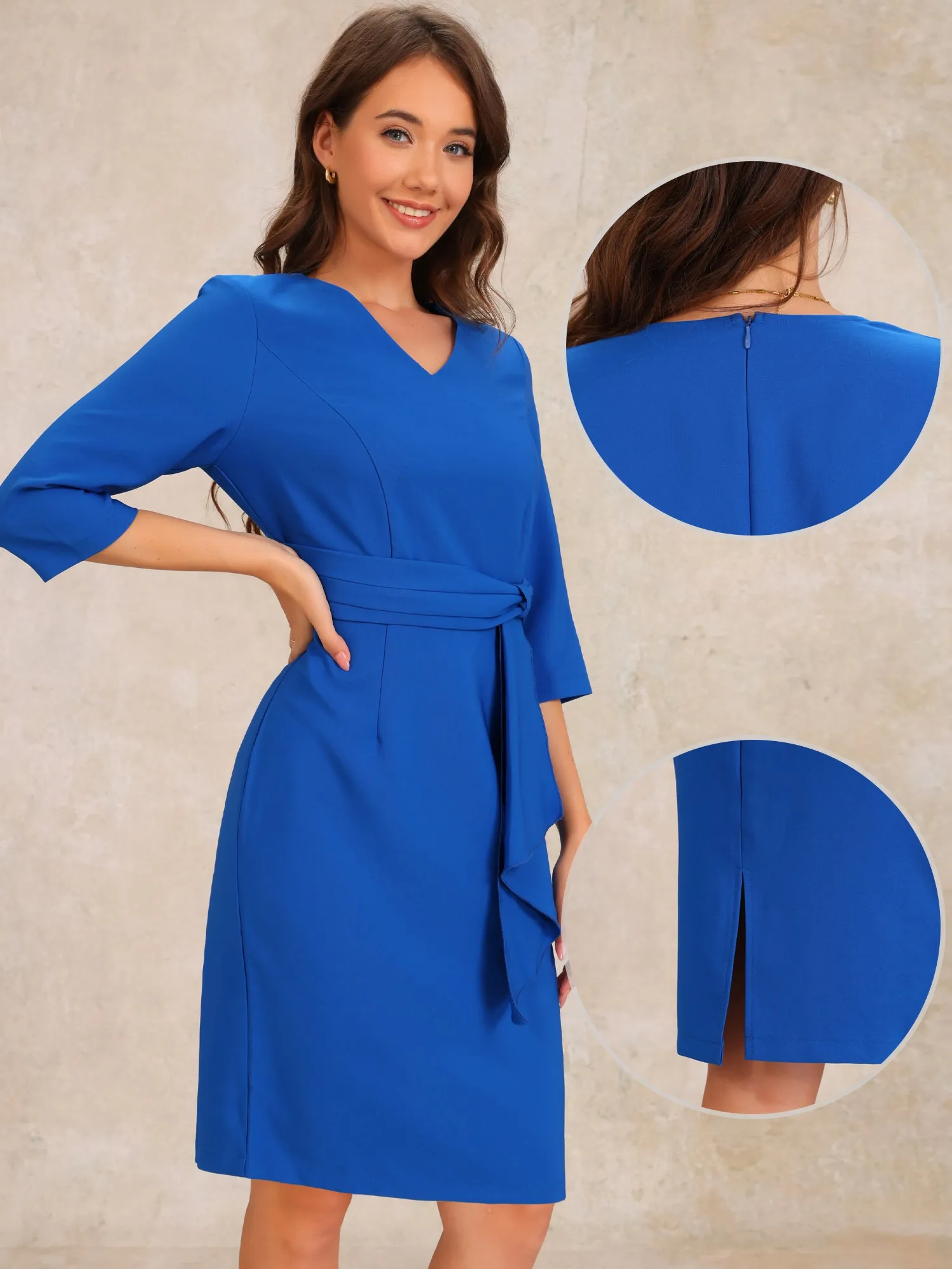 3/4 Sleeves V Neck Solid Color Midi Sheath Dress sold by Allegra K product image thumbnail 2