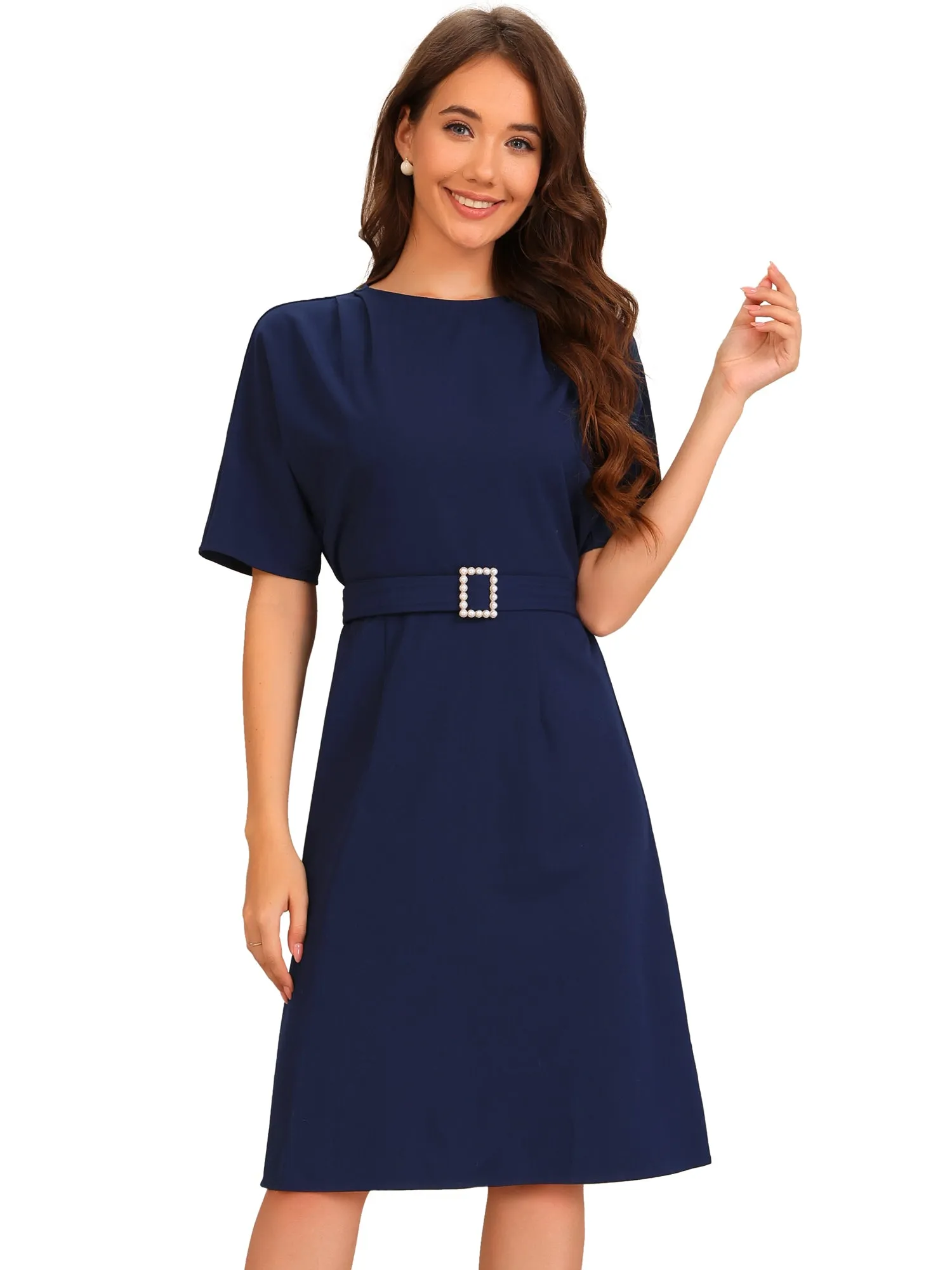 Short Sleeves Crew Neck Belted A-Line Midi Dress sold by Allegra K product image thumbnail 4