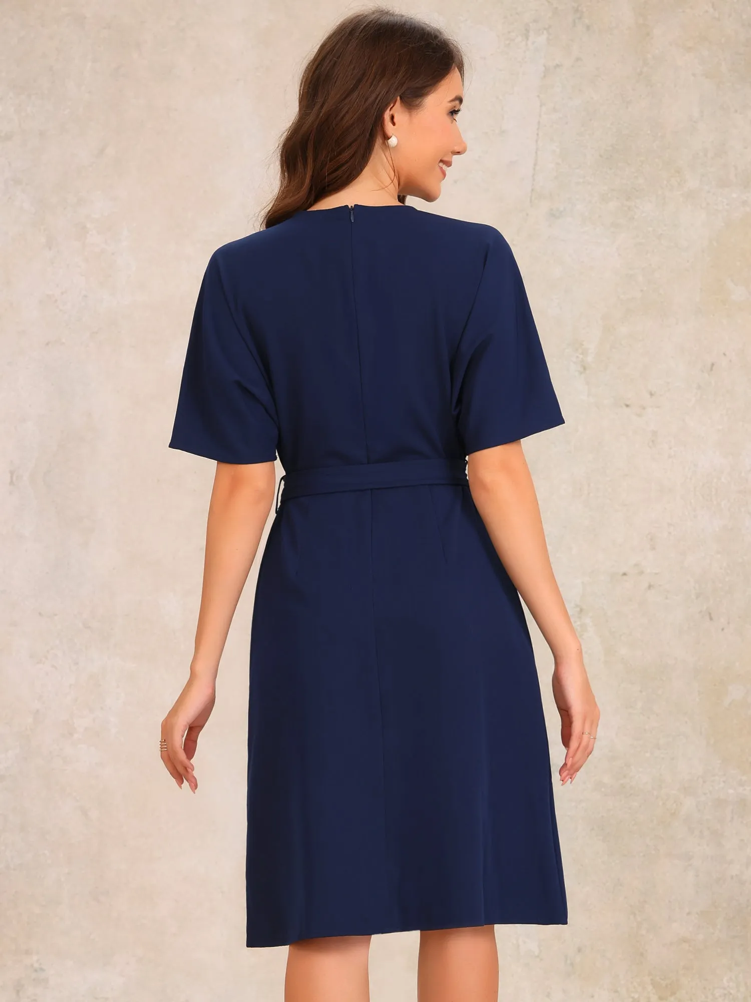 Short Sleeves Crew Neck Belted A-Line Midi Dress sold by Allegra K product image thumbnail 3