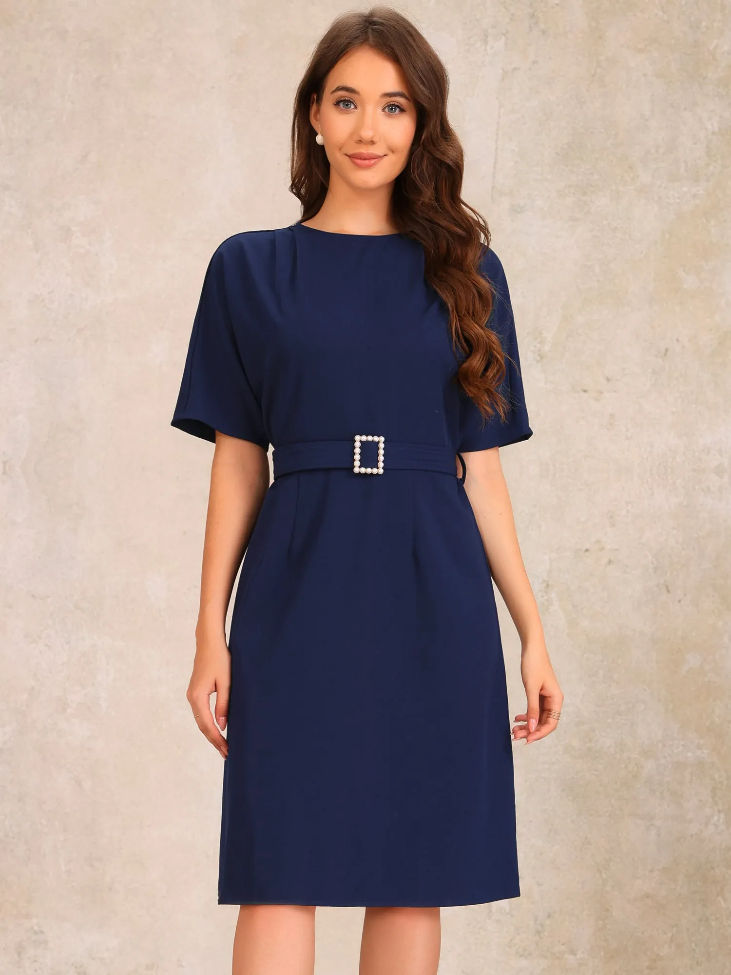Short Sleeves Crew Neck Belted A-Line Midi Dress sold by Allegra K product image thumbnail 2