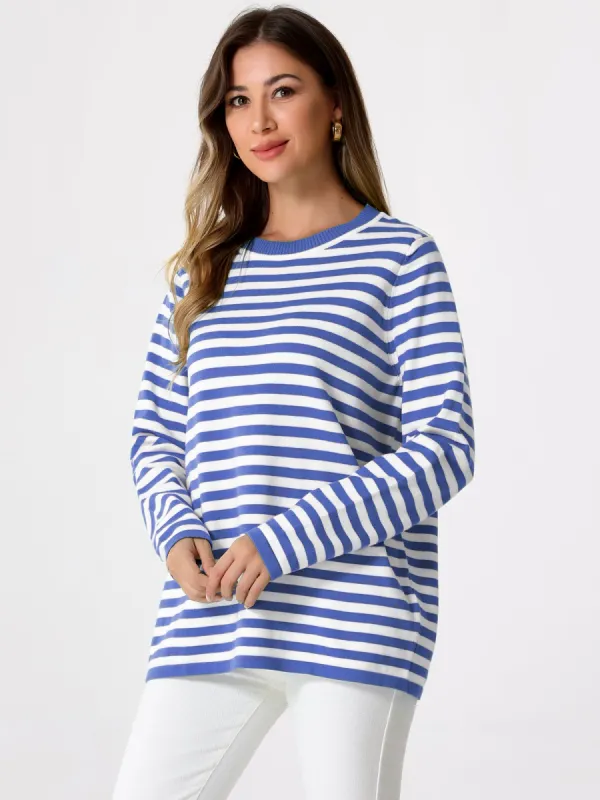Long Sleeve Striped Crew Neck Pullover Sweater sold by Allegra K